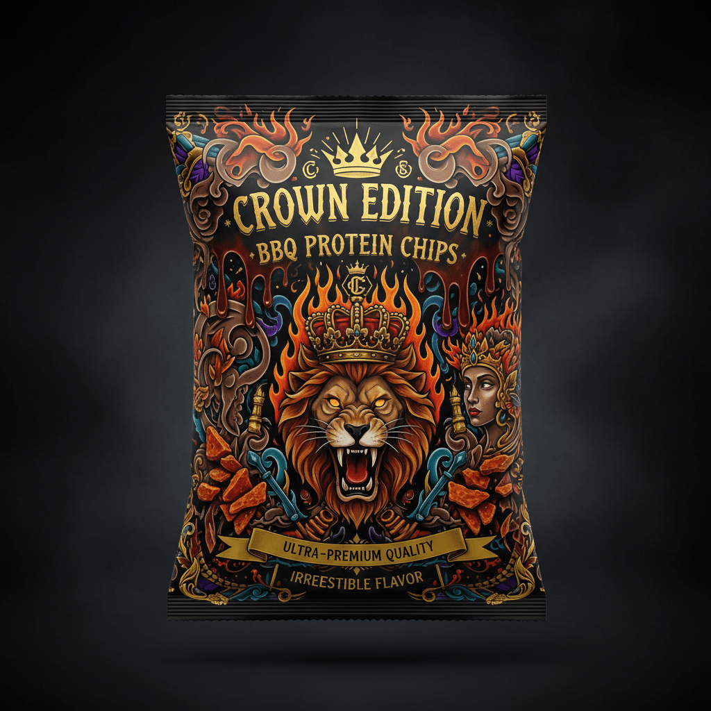 Black Titan Crown Edition BBQ Protein Chips bag with a roaring lion, fiery ornate details, and gold crown graphics.