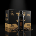 TITAN Mocha protein coffee bottle and box, matte black and gold branding, 20g protein, 150mg caffeine, chocolate pieces.