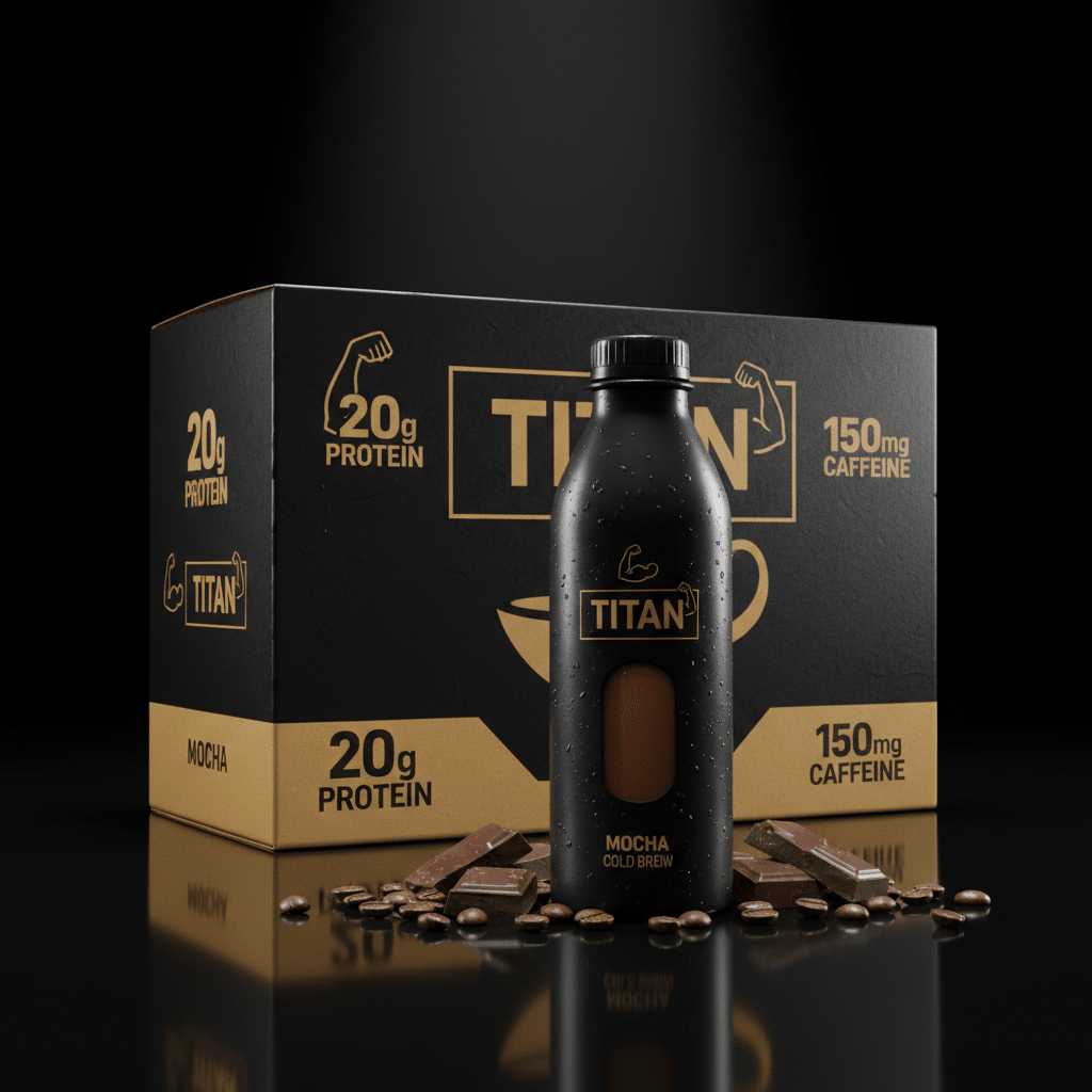 TITAN Mocha protein coffee bottle and box, matte black and gold branding, 20g protein, 150mg caffeine, chocolate pieces.