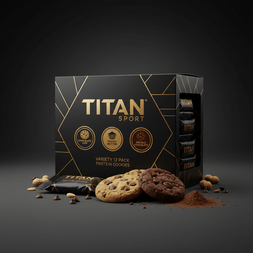 Black and gold TITAN Sport protein cookie variety pack with cookies, peanuts, and chocolate chips on a dark surface.