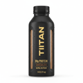 Matte black bottle of TITAN Chocolate Protein Milk with gold text, vertical clear windows, and 30g protein content.