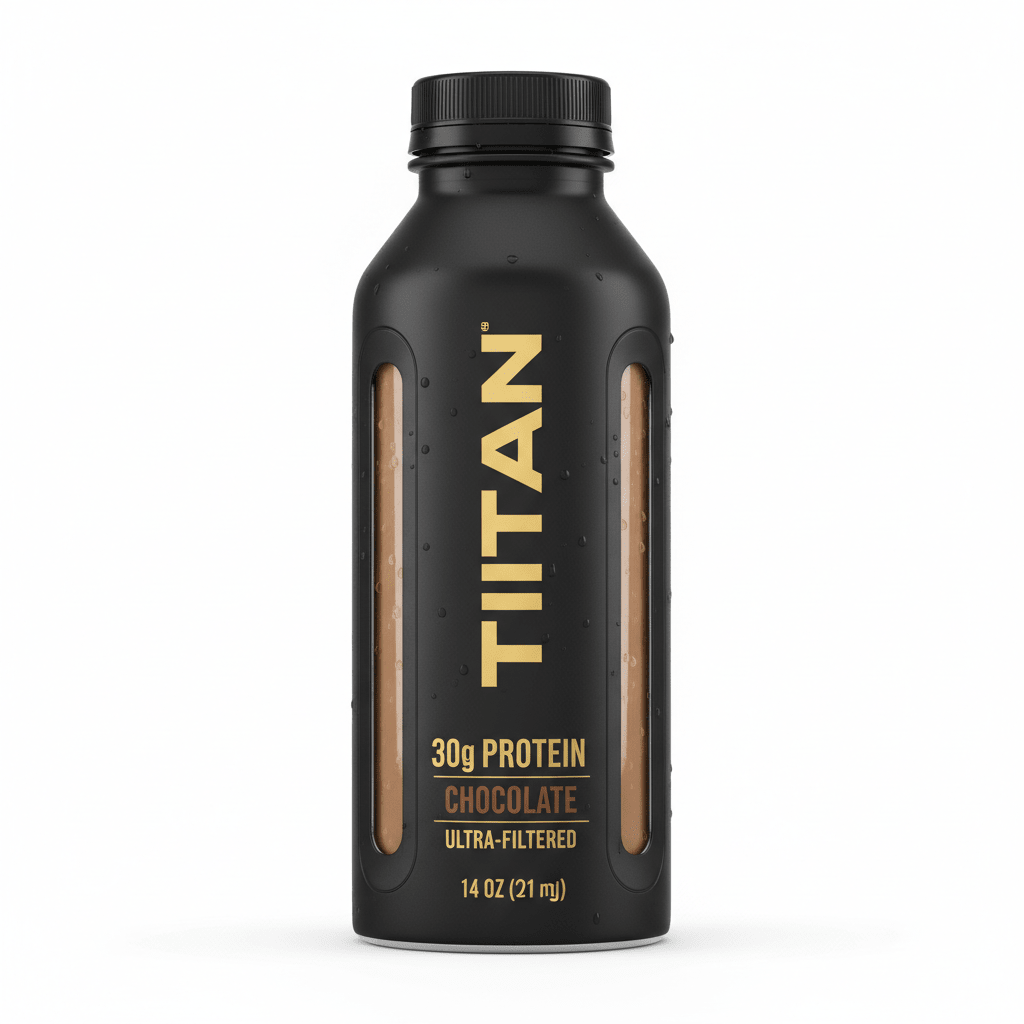 Matte black bottle of TITAN Chocolate Protein Milk with gold text, vertical clear windows, and 30g protein content.