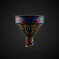 TITAN protein powder funnel featuring a vibrant dragon and floral tattoo-style design with gold logo on black.
