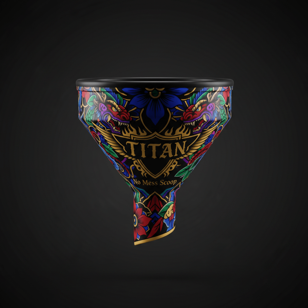TITAN protein powder funnel featuring a vibrant dragon and floral tattoo-style design with gold logo on black.