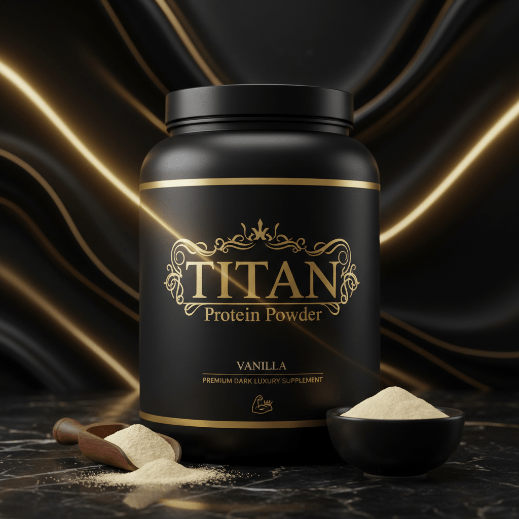 Black tub of TITAN Vanilla Protein Powder with gold ornate lettering on a marble surface against black wavy fabric.