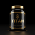 Black TITAN protein tub with gold lid, lion crown logo, and metallic gold text on a matte black background.