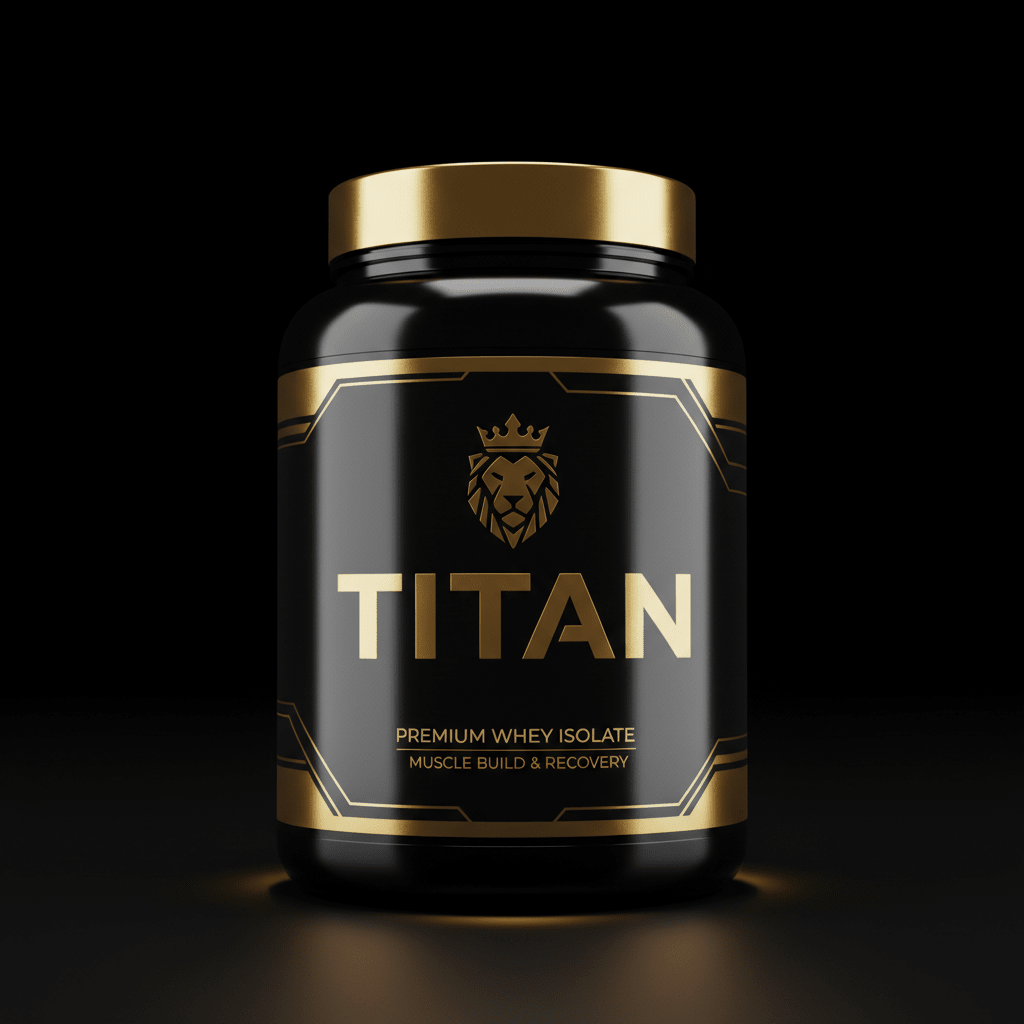 Black TITAN protein tub with gold lid, lion crown logo, and metallic gold text on a matte black background.
