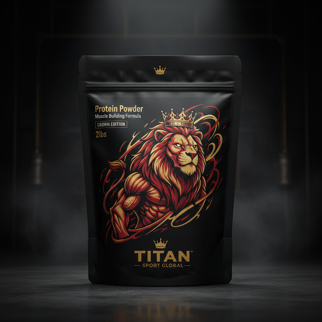 Black 2lb Titan Protein Powder bag featuring a muscular, crowned lion illustration in red and gold on a dark background.