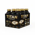 12-pack of TITAN Vanilla Protein Shakes in black bottles with gold caps, housed in a branded black and gold box.