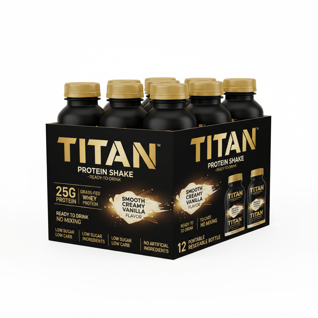 12-pack of TITAN Vanilla Protein Shakes in black bottles with gold caps, housed in a branded black and gold box.