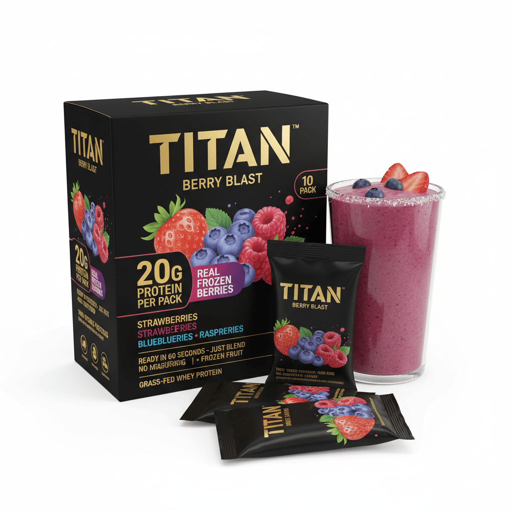 TITAN Berry Blast protein smoothie box, individual packs, and a glass of purple berry smoothie on white background.