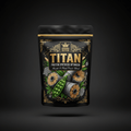Black stand-up pouch of TITAN Protein Synthesis Optimizer with gold ornate trim, crown logo, and green pea graphics.