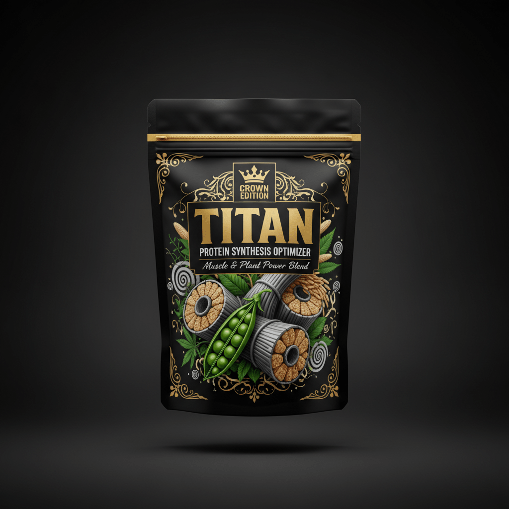 Black stand-up pouch of TITAN Protein Synthesis Optimizer with gold ornate trim, crown logo, and green pea graphics.