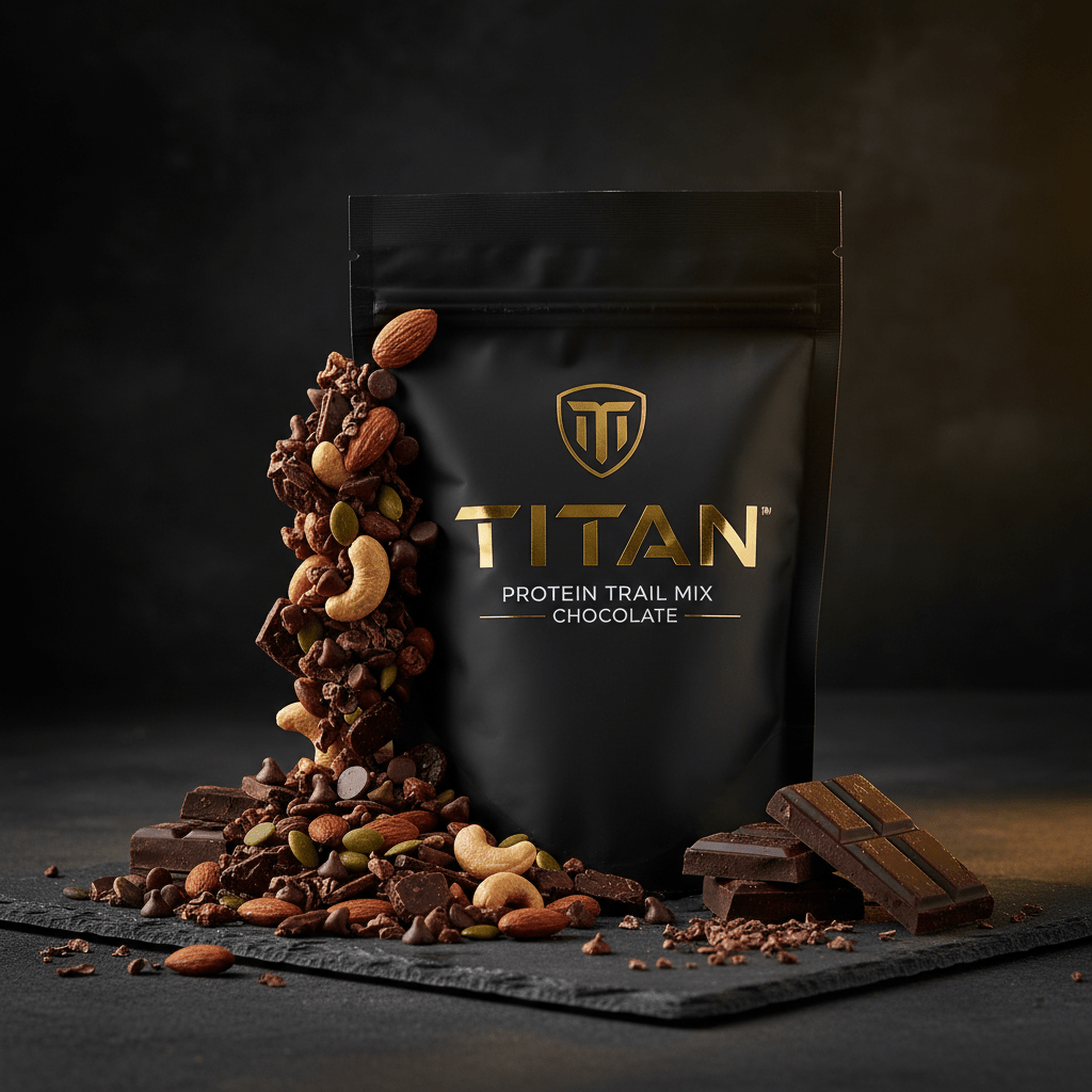 TITAN Chocolate Protein Trail Mix in a matte black pouch with gold logo, spilling nuts and chocolate on slate.