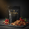 Black matte pouch of TITAN Protein Trail Mix Classic with gold branding, set beside mixed nuts, seeds, and cranberries.