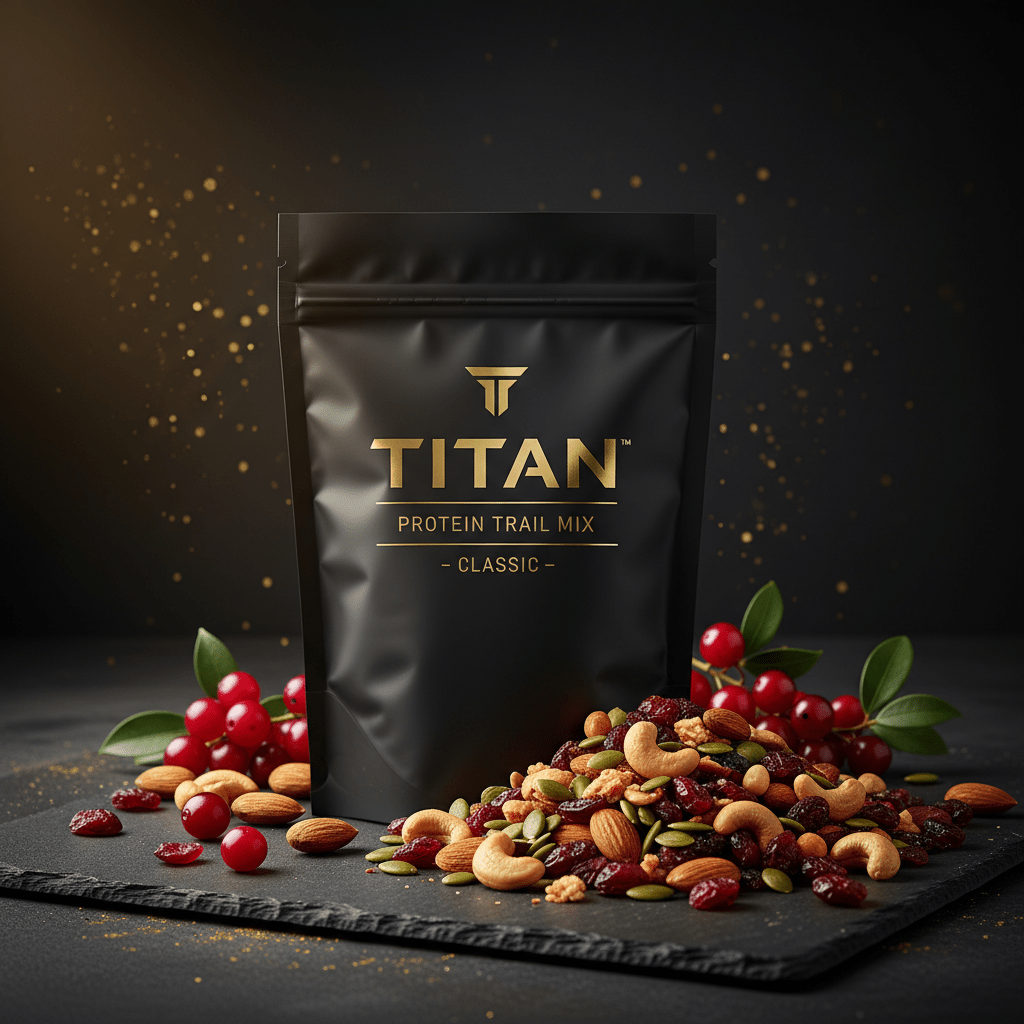 Black matte pouch of TITAN Protein Trail Mix Classic with gold branding, set beside mixed nuts, seeds, and cranberries.