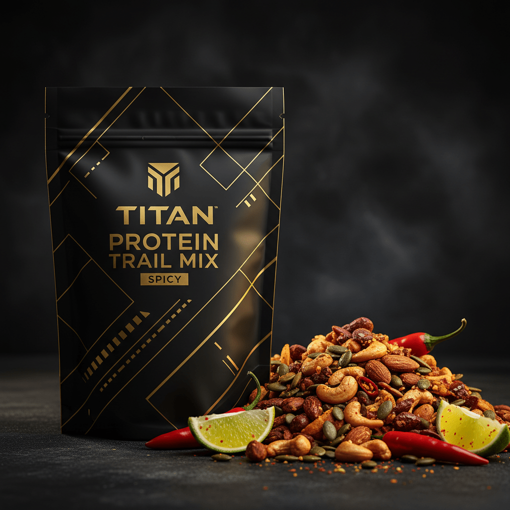 Black Titan Protein Trail Mix bag with gold accents next to a pile of spicy nuts, chili peppers, and lime wedges.