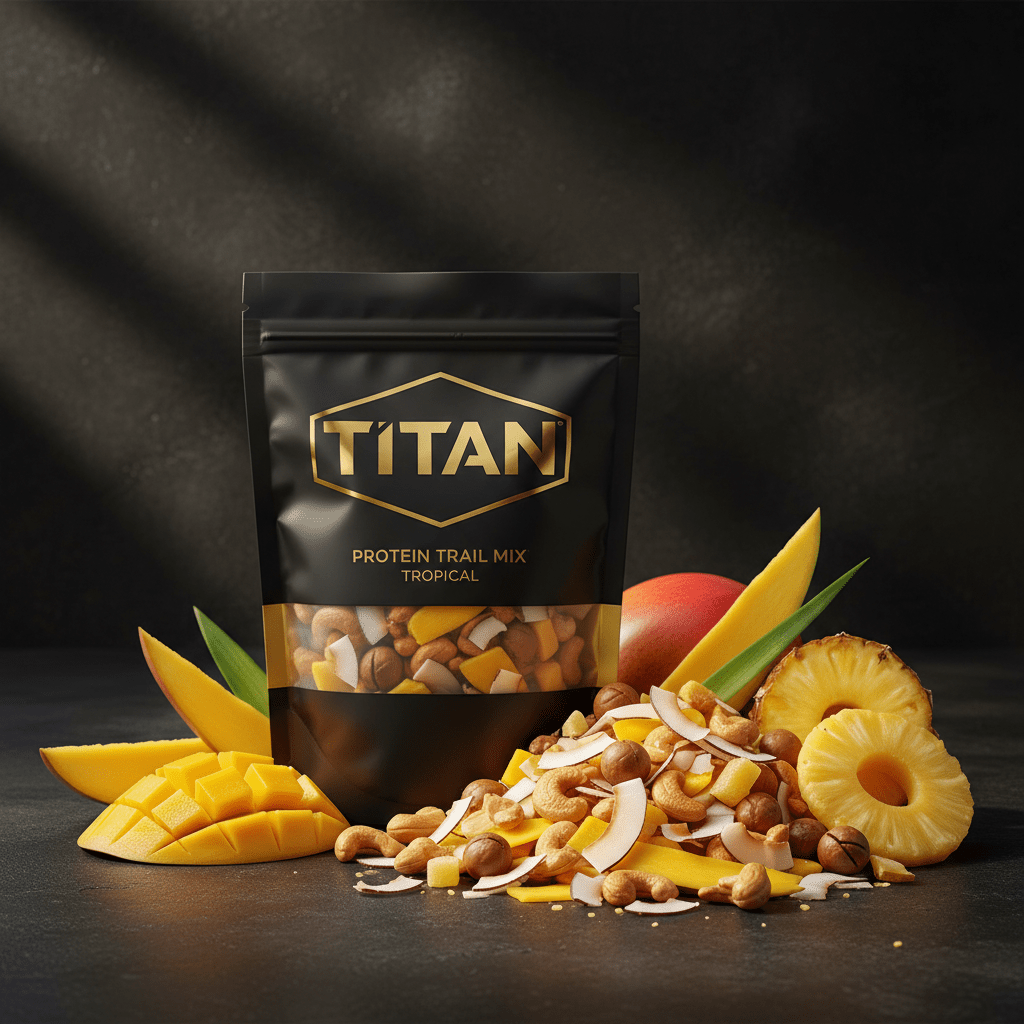 TITAN Tropical Protein Trail Mix in a black pouch, surrounded by fresh mango, pineapple slices, and nuts on dark stone.