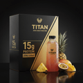 TITAN Protein Water bottle next to its black-and-gold box, featuring pineapple, mango, and passion fruit on a black base.