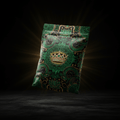 Floating Titan Puffed Amaranth pouch, black background, intricate emerald green and gold royal crown design.