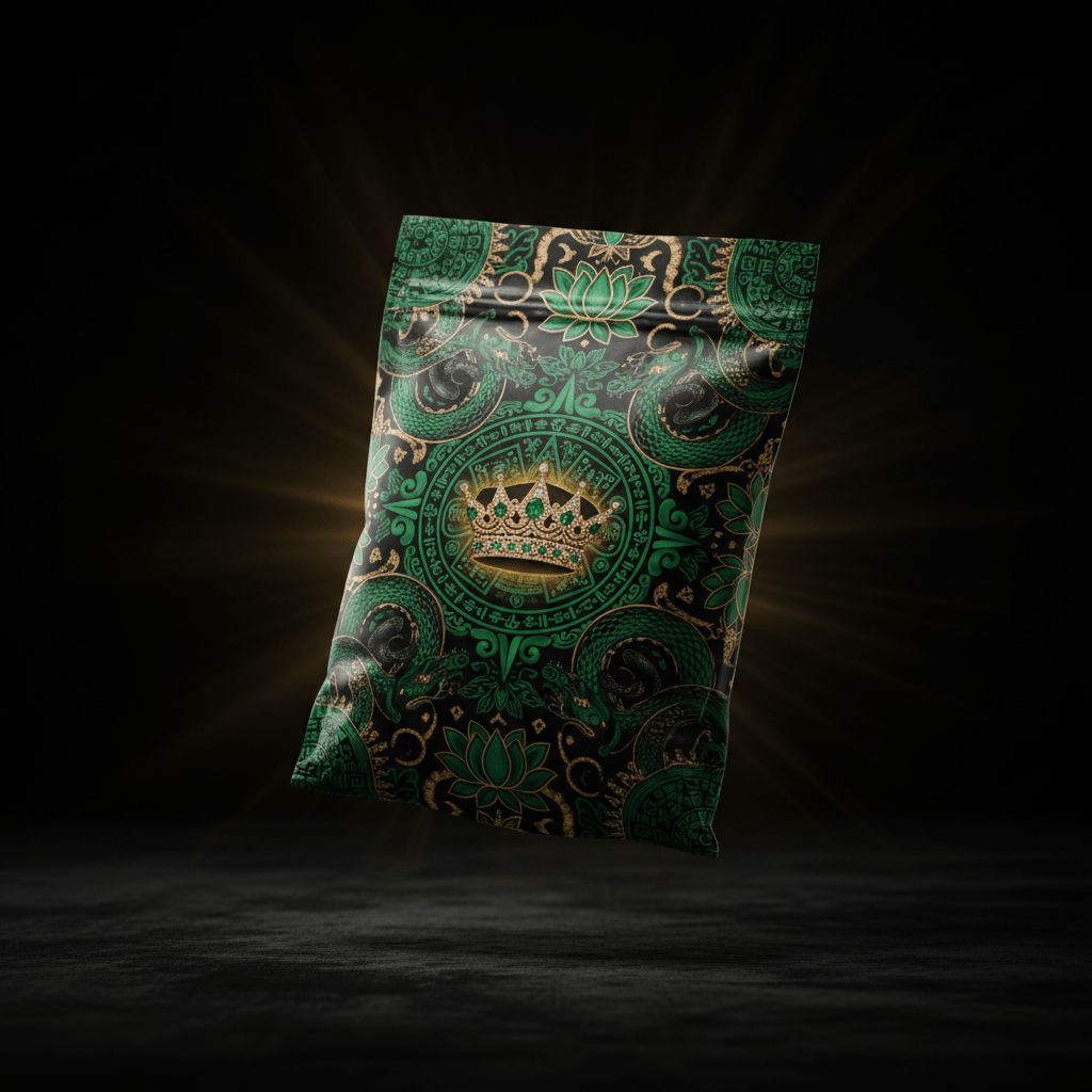 Floating Titan Puffed Amaranth pouch, black background, intricate emerald green and gold royal crown design.