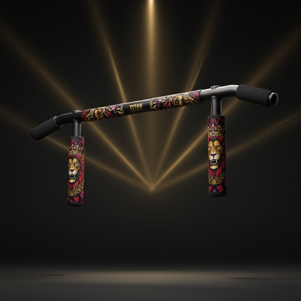TITAN Crown Edition pull-up bar with black grips and vertical handles featuring lion-crowned graphics in gold and red.