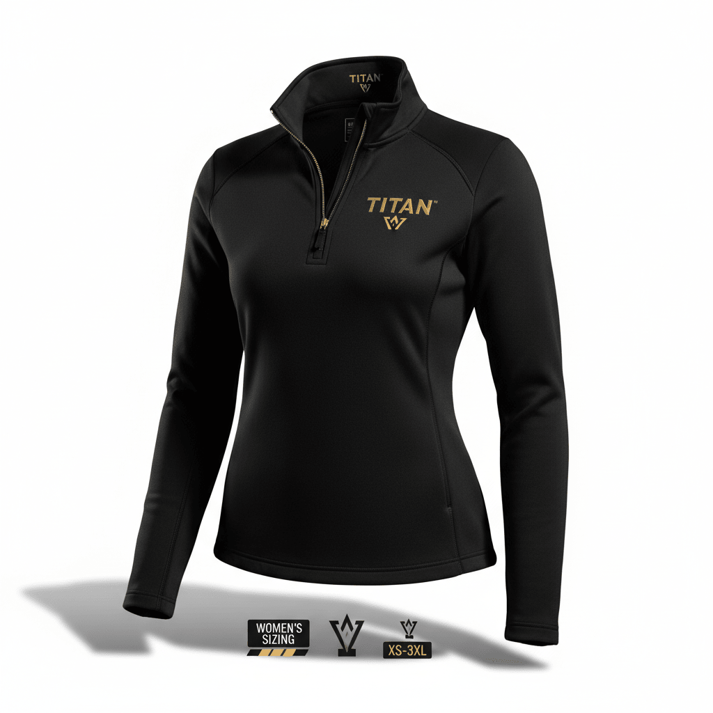 Women’s black Titan quarter-zip pullover with gold zipper and gold Titan logo on the chest.