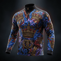 TITAN quarter-zip pullover in black with gold crowns, red and blue lightning, and T-logo graphic print.