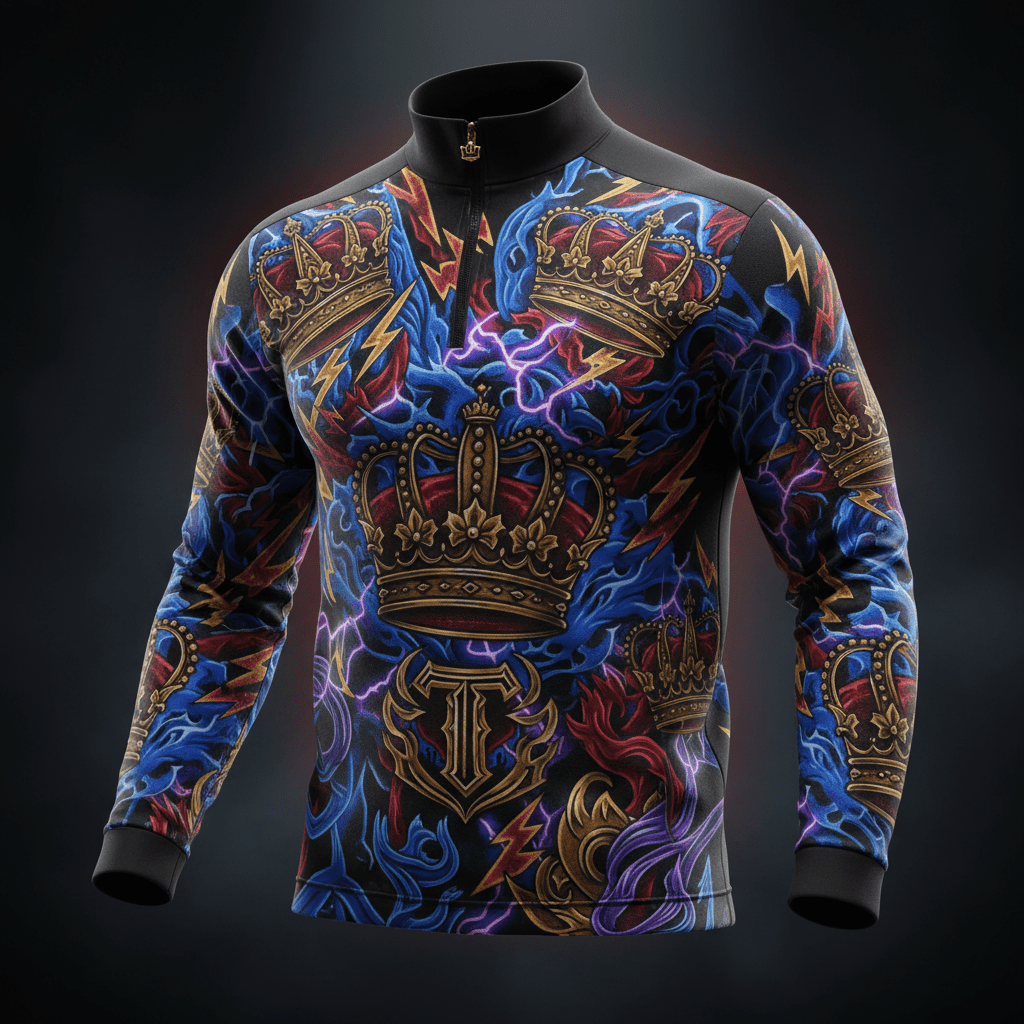 TITAN quarter-zip pullover in black with gold crowns, red and blue lightning, and T-logo graphic print.