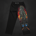Black lounge pants featuring a vibrant graphic of an armored wolf deity, Aztec temple, and sunset on one leg.