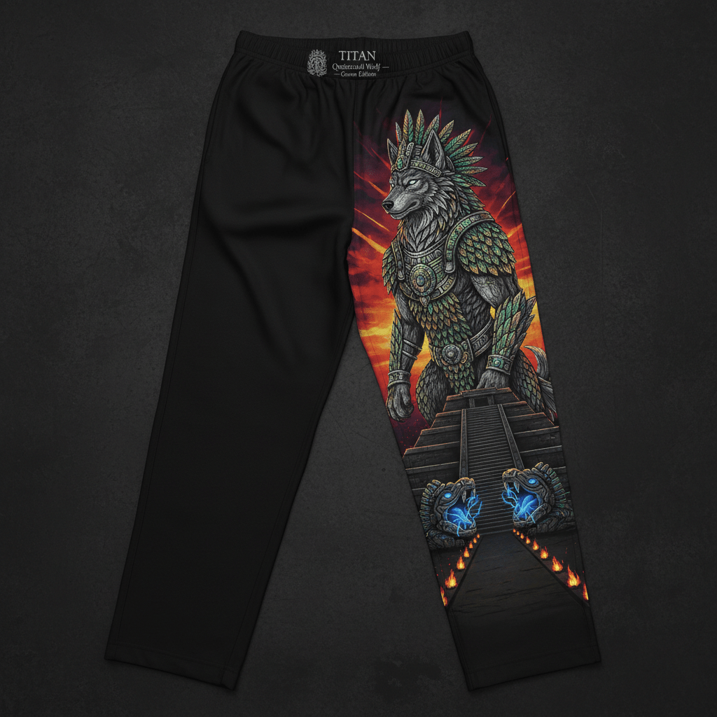 Black lounge pants featuring a vibrant graphic of an armored wolf deity, Aztec temple, and sunset on one leg.