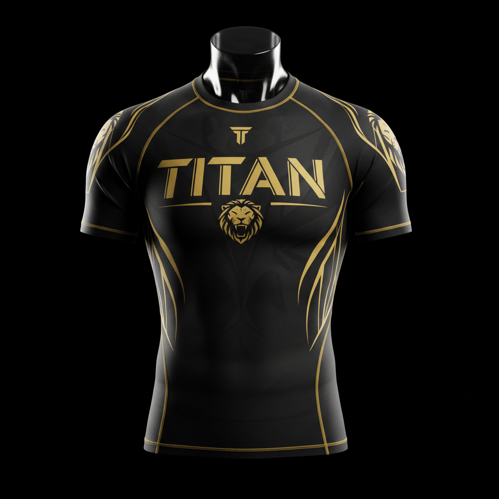 Black short-sleeve rashguard with gold "TITAN" branding, lion head logo, and gold athletic accents on a mannequin.