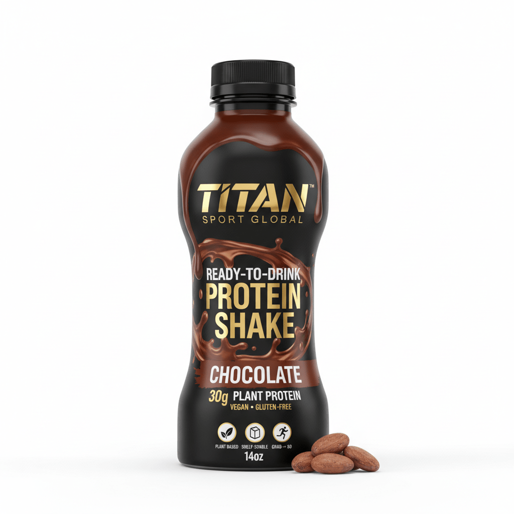 TITAN chocolate protein shake bottle with black label, gold text, dripping liquid graphic, and cocoa beans at the base.