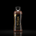 TITAN chocolate protein shake in a sleek black bottle with gold branding, black cap, and reflective dark background.