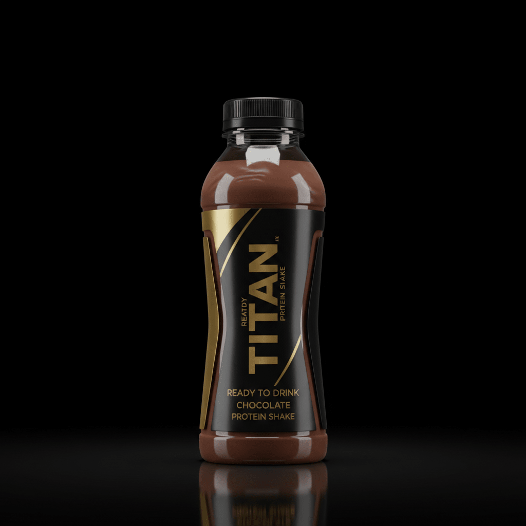 TITAN chocolate protein shake in a sleek black bottle with gold branding, black cap, and reflective dark background.