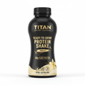 Matte black bottle with gold "TITAN" branding, vanilla flower graphic, and "30g PLANT PROTEIN" text on a white base.