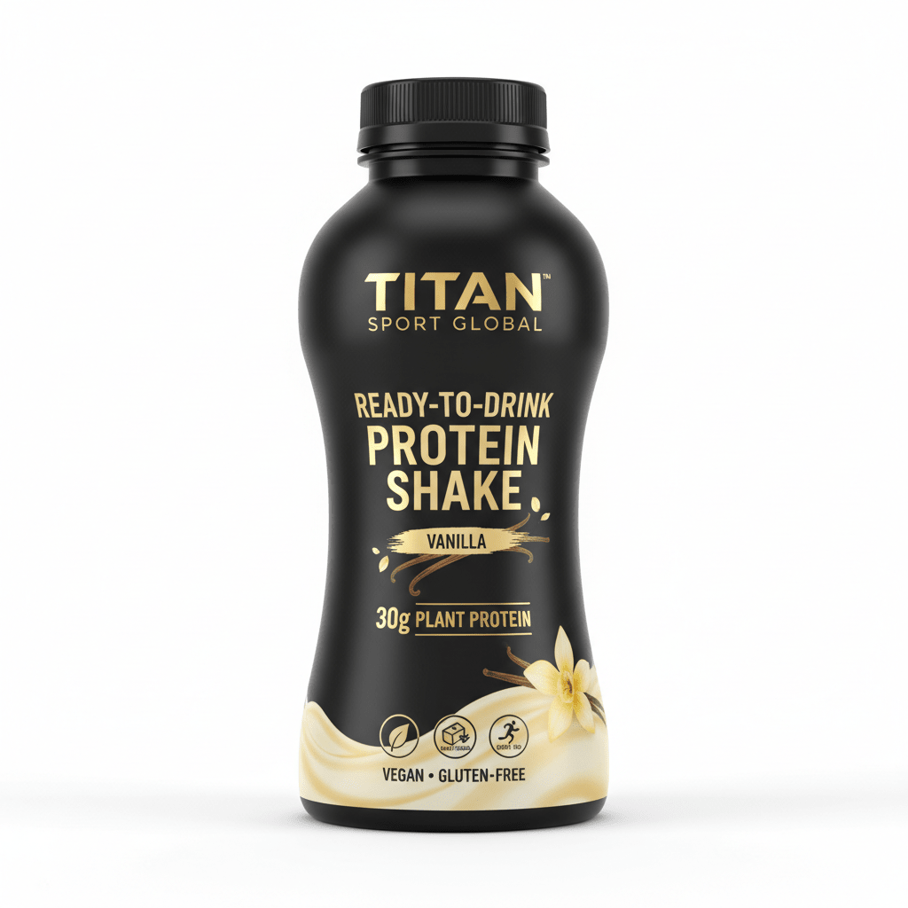 Matte black bottle with gold "TITAN" branding, vanilla flower graphic, and "30g PLANT PROTEIN" text on a white base.