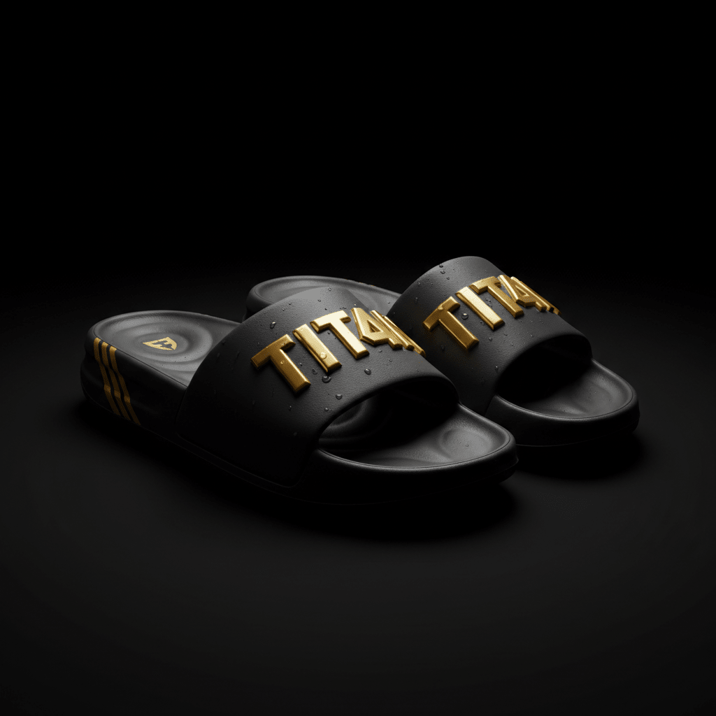 Matte black TITAN Recovery Slides featuring bold, raised gold "TITAN" lettering, side stripes, and logo on footbed.