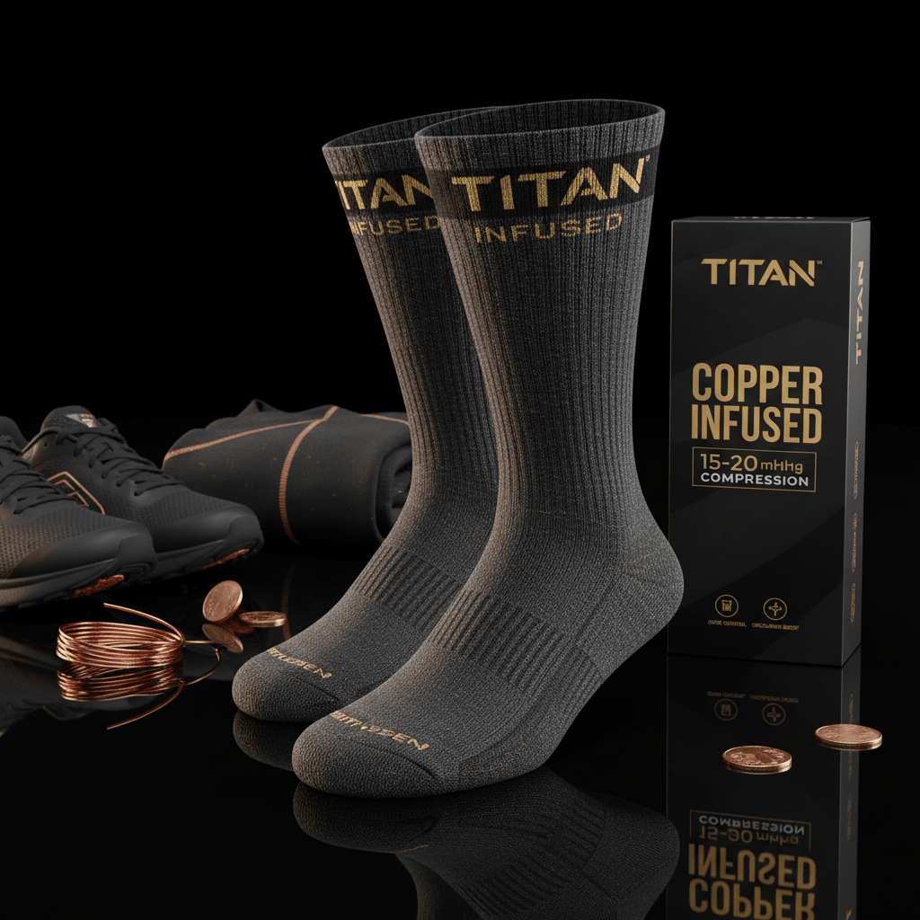 Two dark grey Titan copper-infused compression socks next to branded black packaging, copper wire, and athletic shoes.