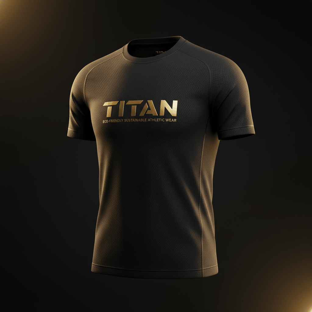 Charcoal grey, short-sleeve athletic jersey with gold "TITAN ECO-FRIENDLY SUSTAINABLE ATHLETIC WEAR" logo on chest.