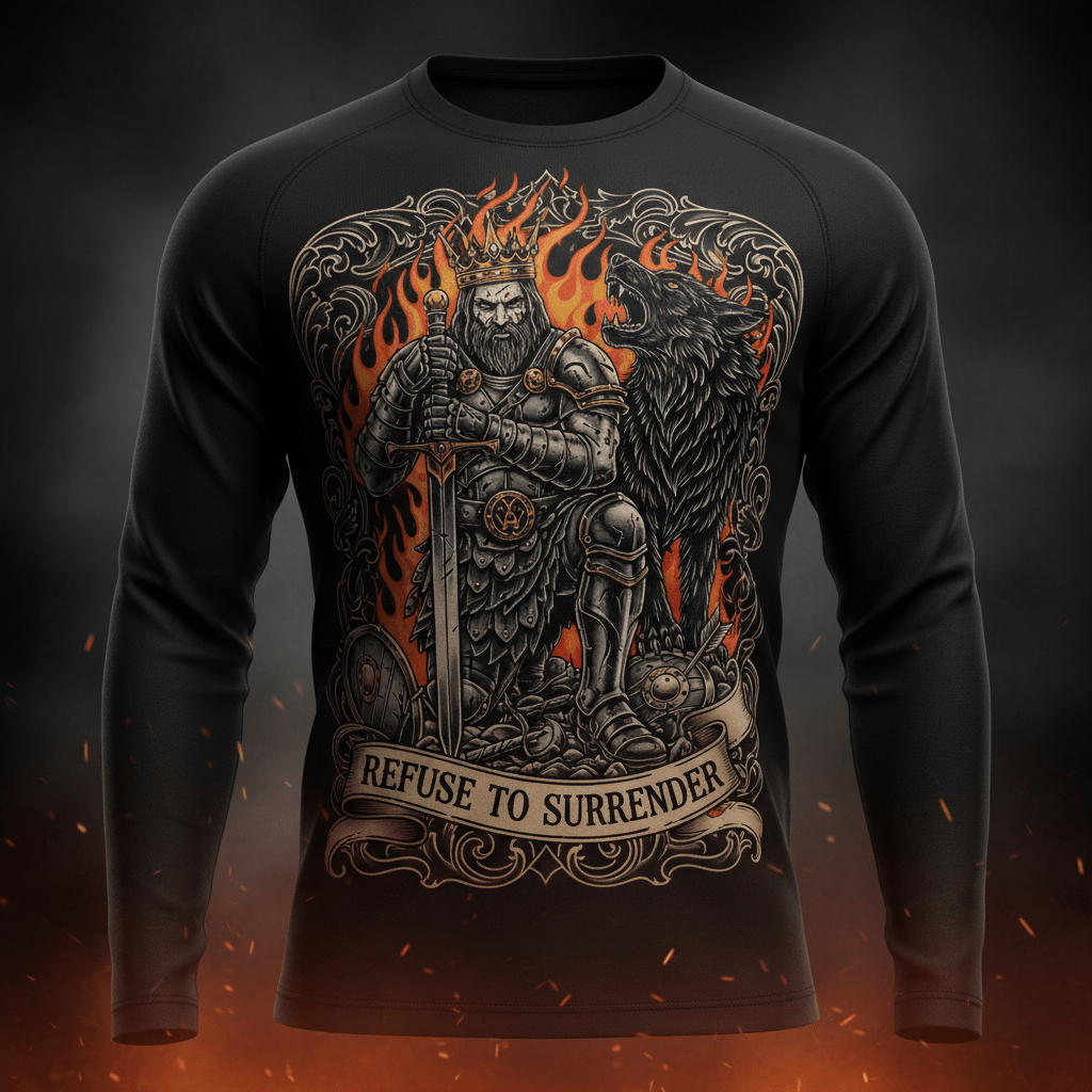 Black long-sleeve shirt featuring a king with a wolf, flames, and the motivational text "Refuse to Surrender."