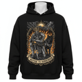 Black hoodie featuring a kneeling armored king, wolf, and fire graphic with the text "Refuse to Surrender."
