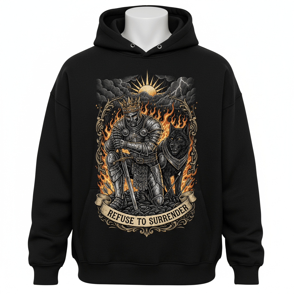 Black hoodie featuring a kneeling armored king, wolf, and fire graphic with the text "Refuse to Surrender."