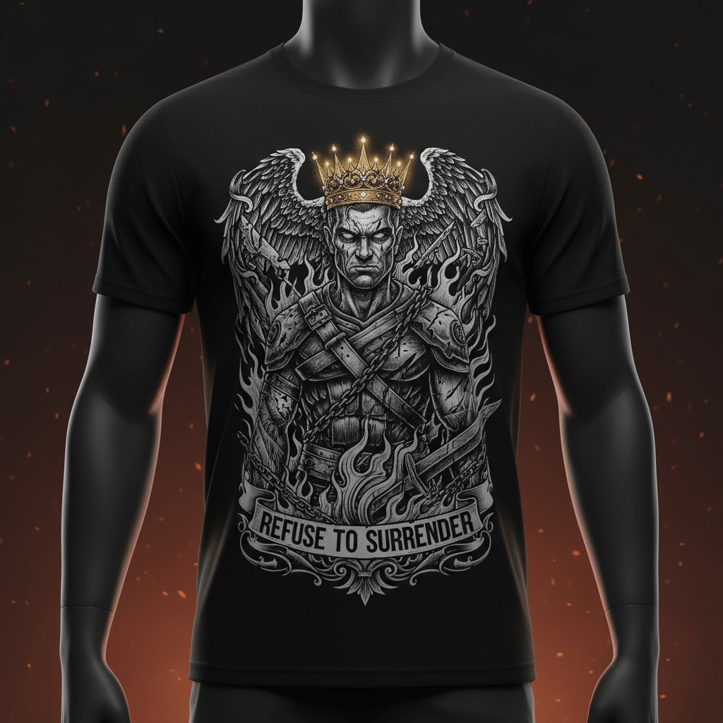 Black t-shirt featuring a winged, crowned warrior in flames with the motivational text "Refuse to Surrender."