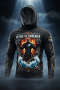 Black Titan Sport hoodie featuring a fiery armored knight and "Refuse to Surrender" text in an ornate frame.
