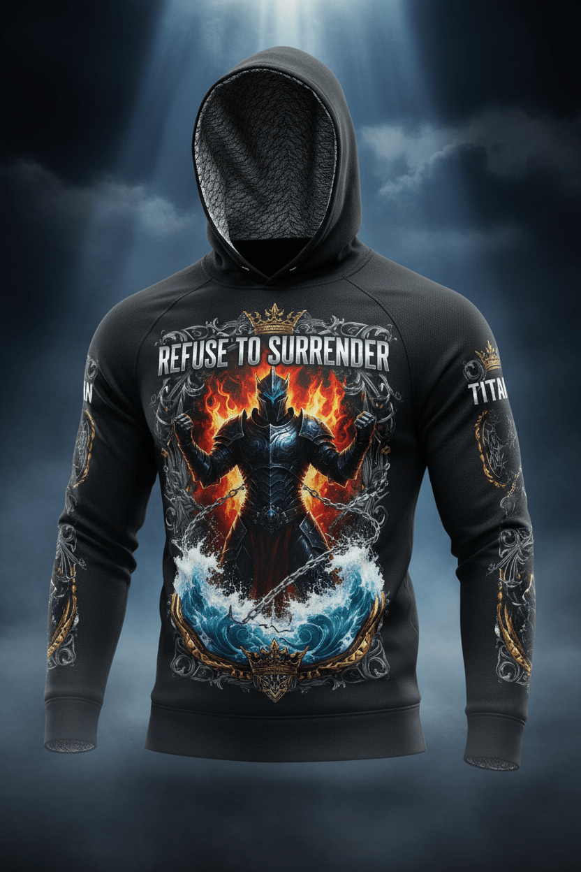Black Titan Sport hoodie featuring a fiery armored knight and "Refuse to Surrender" text in an ornate frame.
