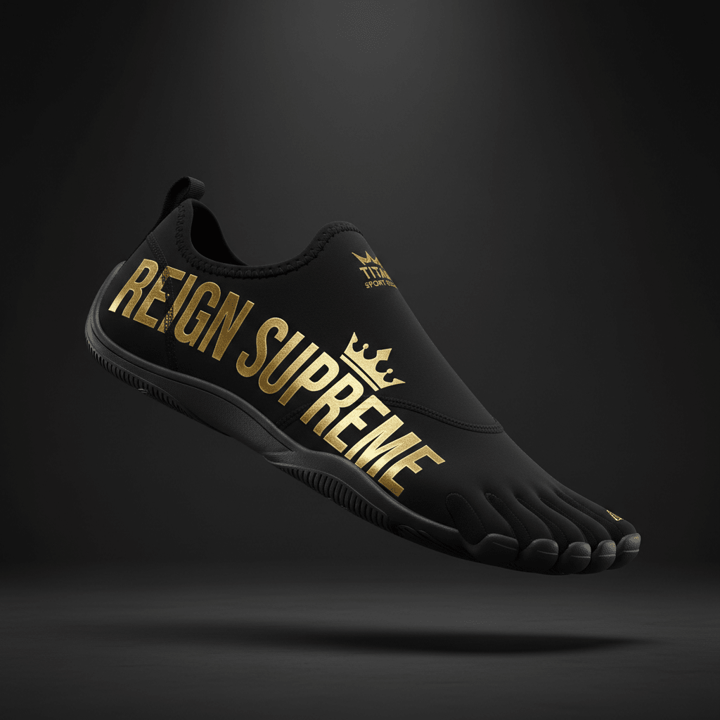 Black five-finger barefoot shoe featuring gold "REIGN SUPREME" text and crown logo against a dark background.
