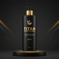 Black matte 500mL Titan Sport Global conditioner bottle with gold text, pump dispenser, on a lit pedestal.