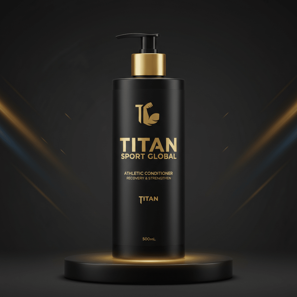 Black matte 500mL Titan Sport Global conditioner bottle with gold text, pump dispenser, on a lit pedestal.