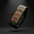 Black Titan resistance band anchor with gold "TITAN" text, crown graphic, muscular arms, and red/green ribbon design.